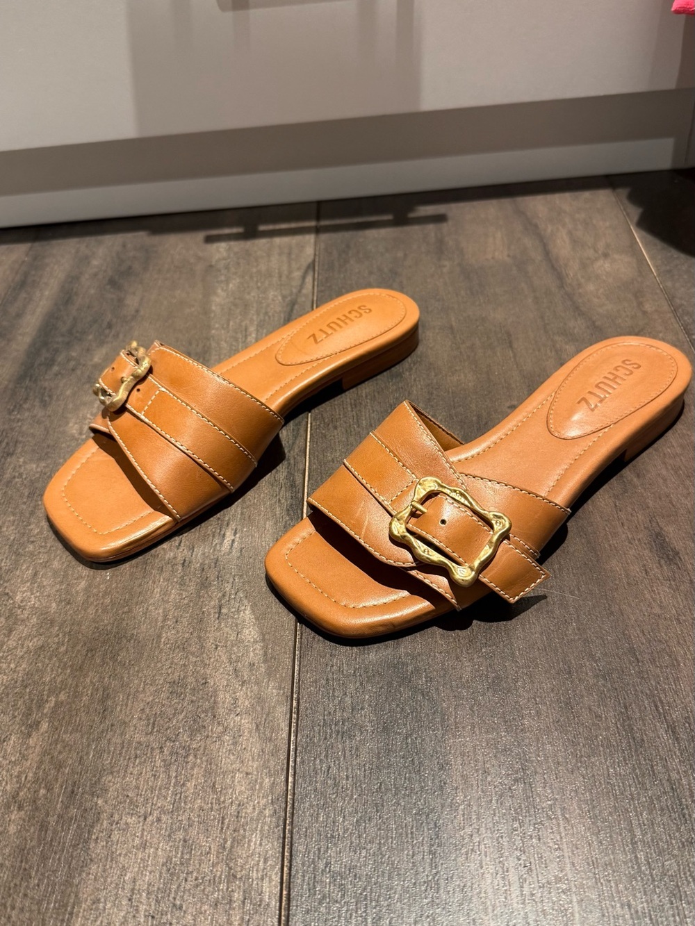SCHUTZ Tan Leather Slide Mules with Gold Buckle